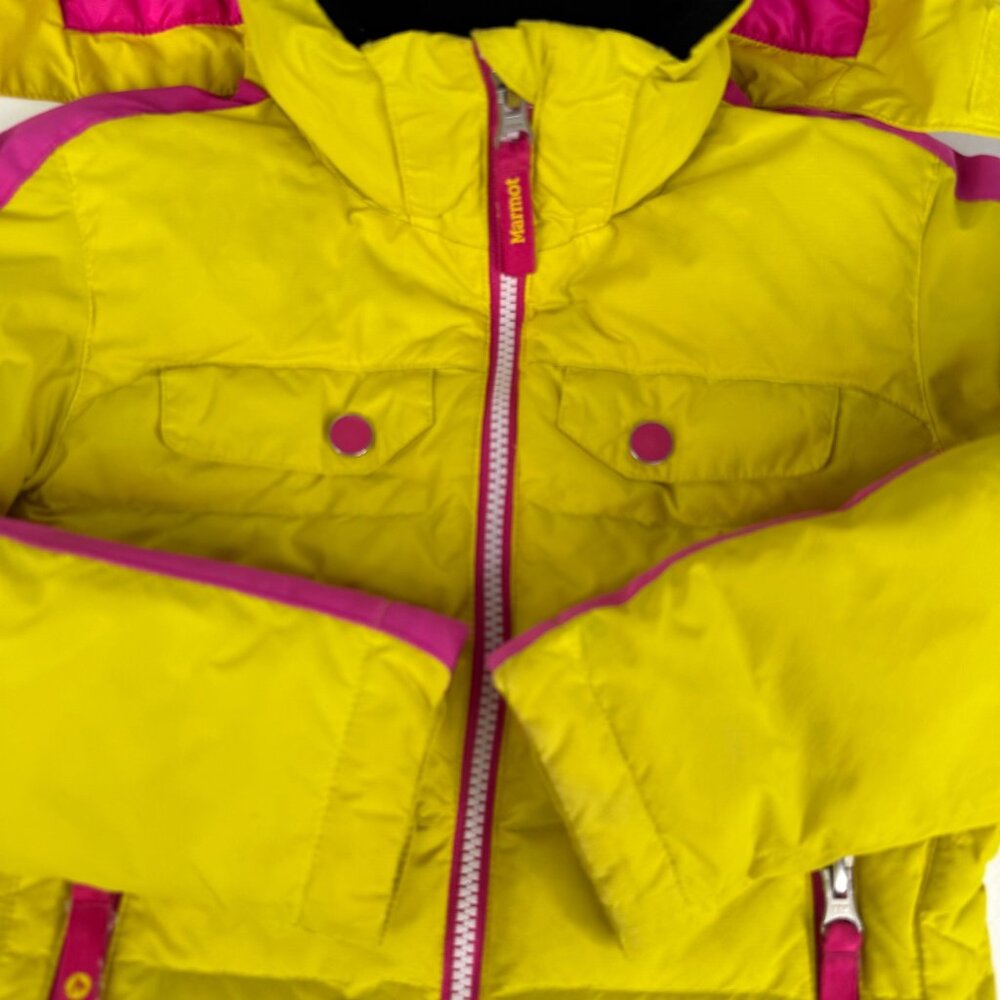 Marmot Girls Puffer Down Jacket Yellow Pink XS Warm Insulated Hooded Windproof - Picture 13 of 16